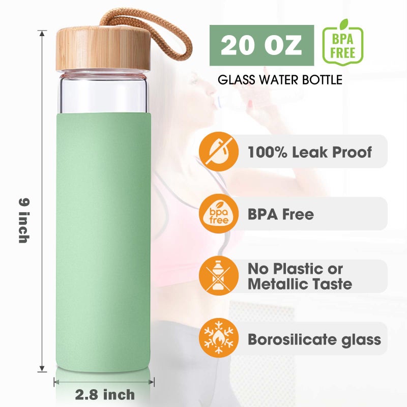 Yomious 20 Oz Borosilicate Glass Water Bottles with Silicone Sleeve BPA Free, Dishwasher Safe - Reusable Clear Glass Drinking with Leak Proof Bamboo Lid | Perfect Gym Water Bottles for Men & Women - Image 3